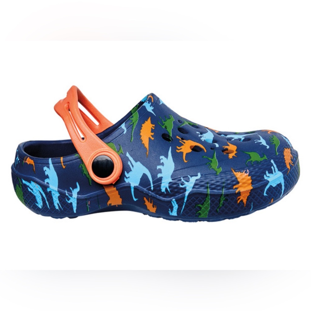 Kids Navy Dinosaur Clog with Orange Strap